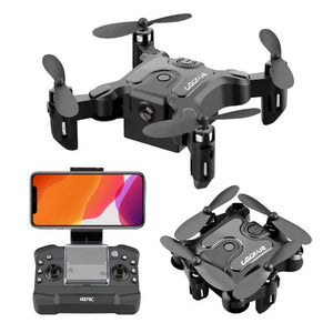 Mini folding drone with camera and remote control, compact and portable quadcopter for aerial photography.
