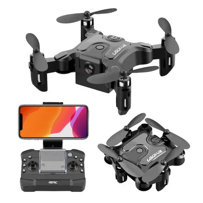 Mini folding drone with camera and remote control, compact and portable quadcopter for aerial photography.